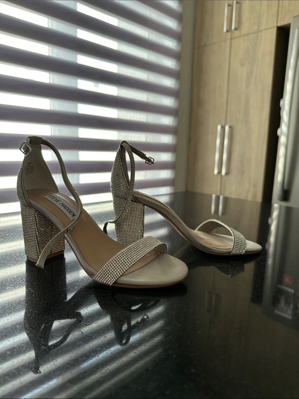 Steve Madden Silver Crystal Ankle-Strap Block Heels
